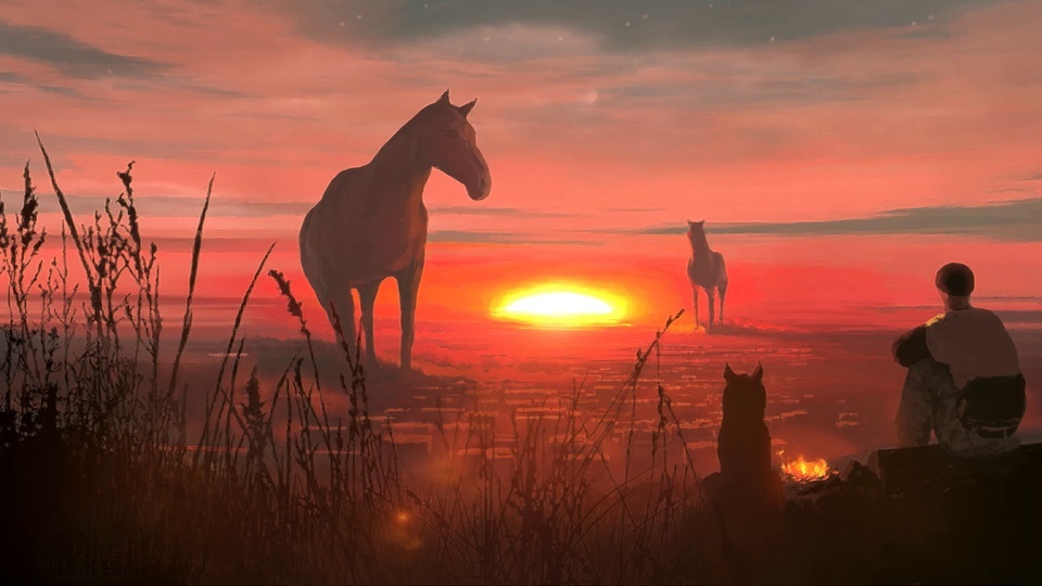 Horses under the sunset