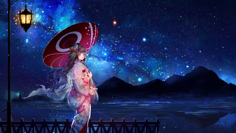 A Kimono Girl Under the Starry Sky