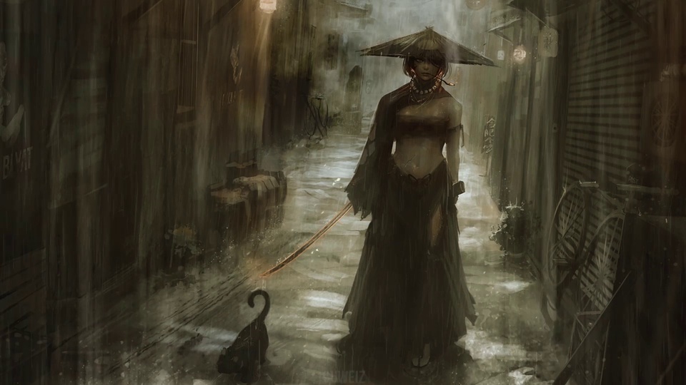 A samurai girl in the rain