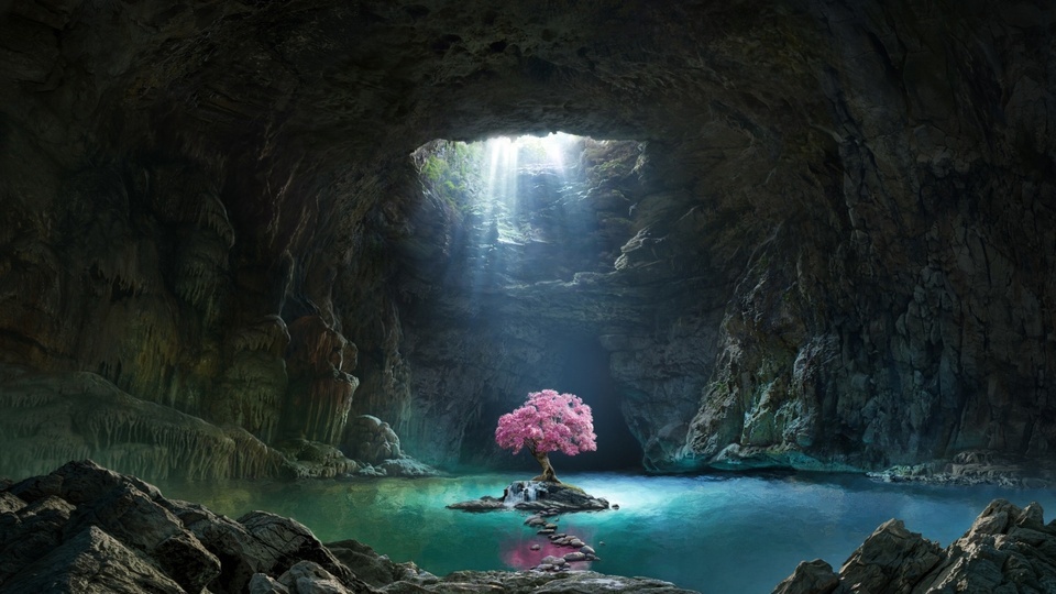 A árvore de flor de cerejeira na caverna