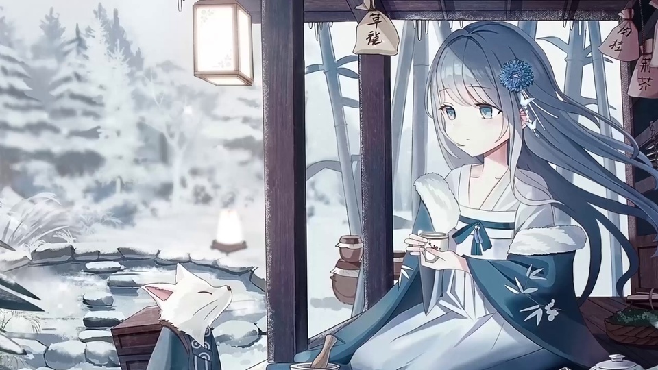 Snowflakes fluttering and tea drinking girl