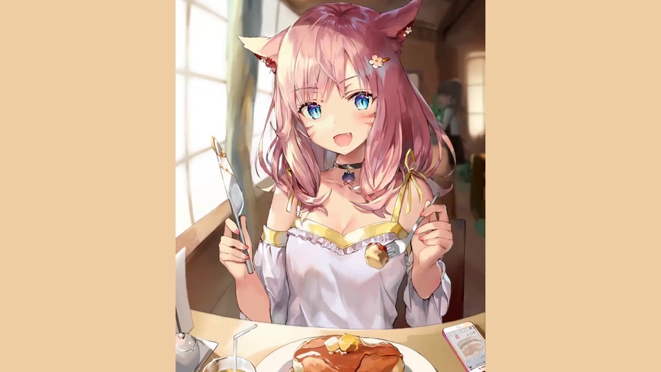 A cat lady eating delicious food