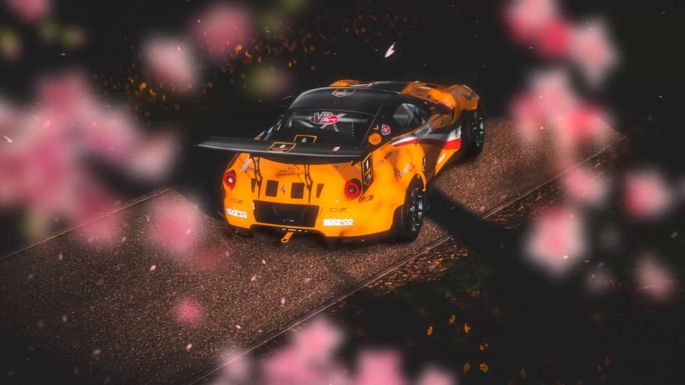 Ferrari under cherry blossoms