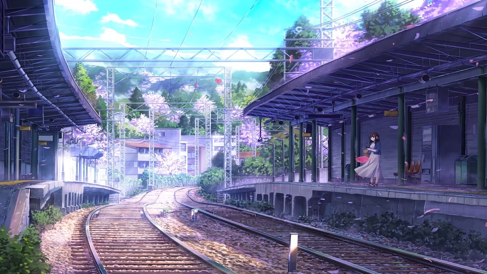 Station tracks under cherry blossoms