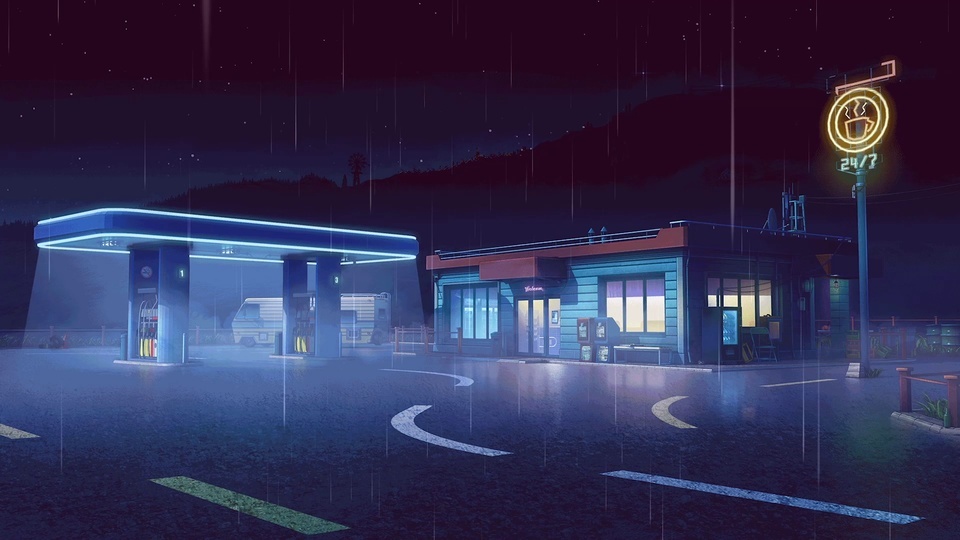 Rainy night gas station