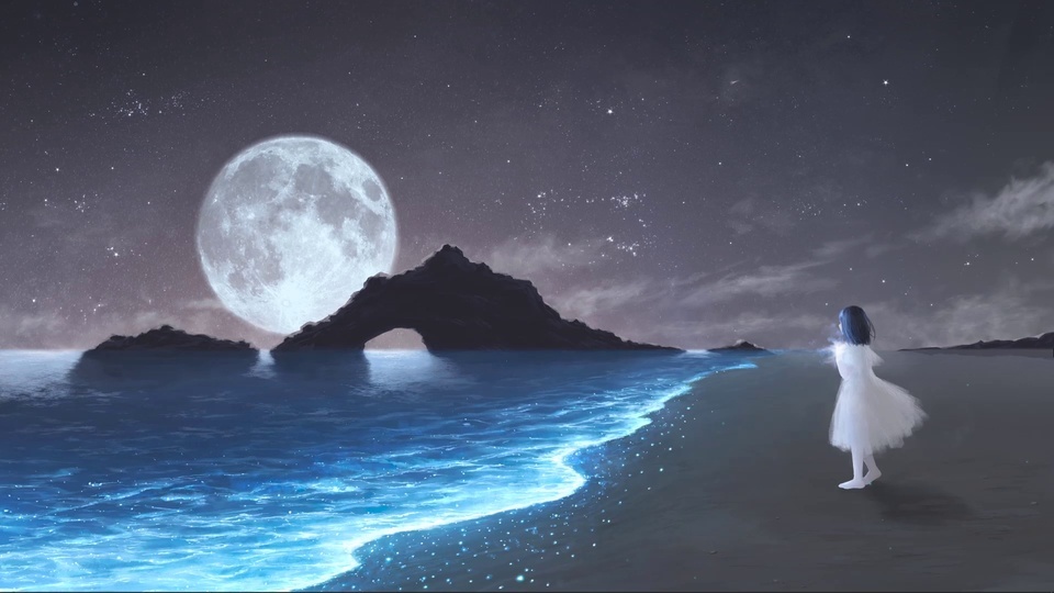 Blue ocean girl under the moon