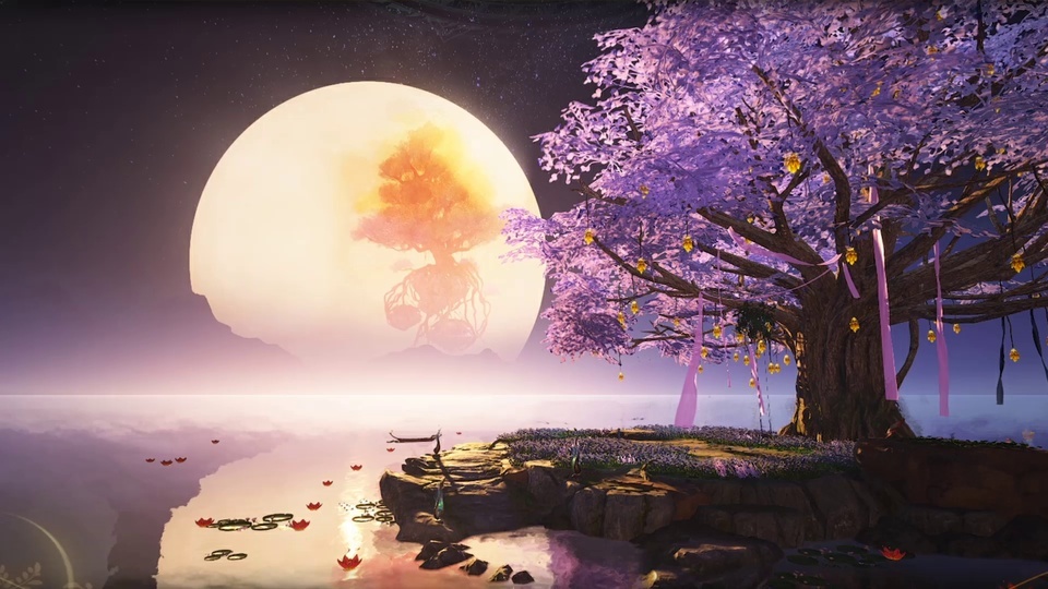 Cherry blossom moonlight lake