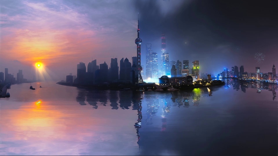 Fantasy day and night city scenery