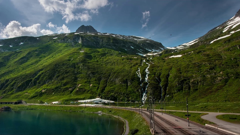 Snow mountain green lake