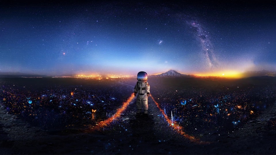 Spacesuit child under the dreamy starry sky