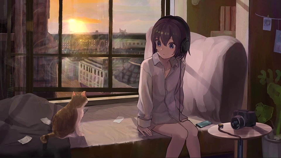 A girl and a cat listening to music by the sunset window