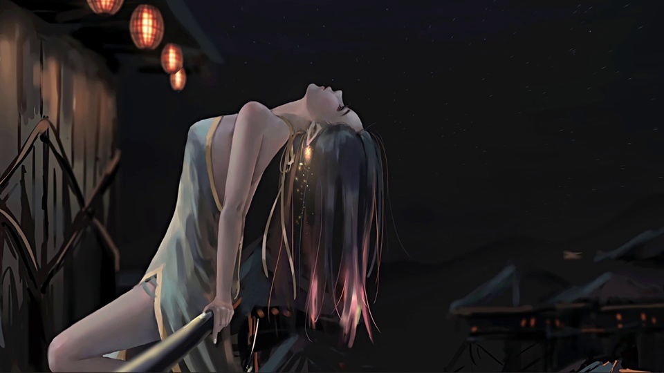 A beautiful girl looks up at the starry sky