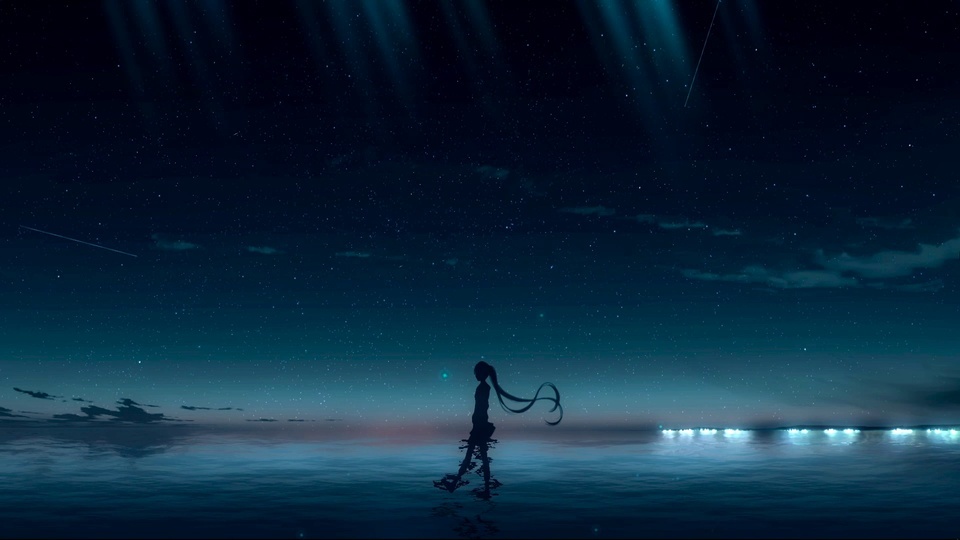 El primer sonido de una chica junto al mar en el cielo estrellado