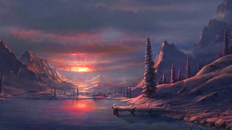 Snowy Mountains, Lakes, Sunset Scenery