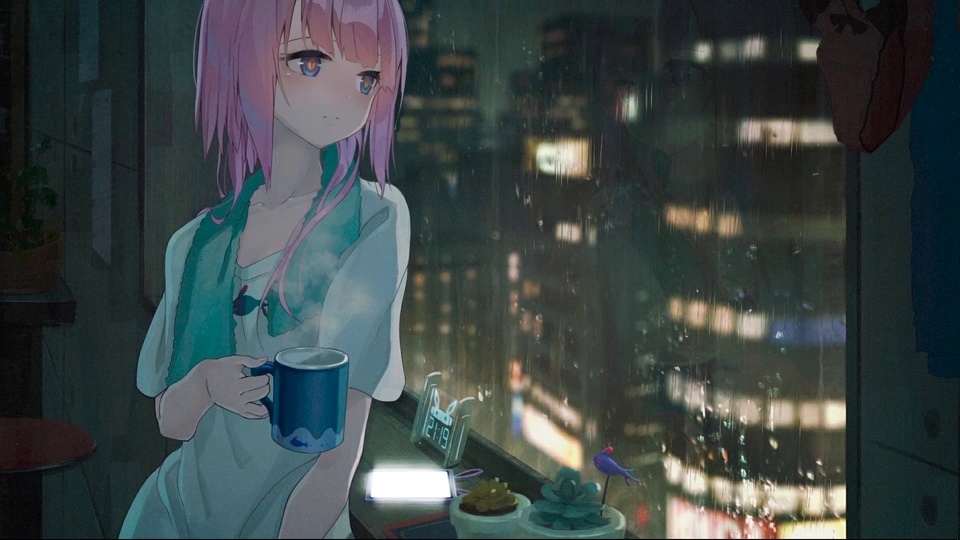 夜雨窗边少女