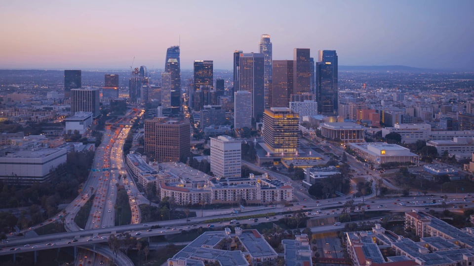 Aerial photography of urban traffic flow in the evening