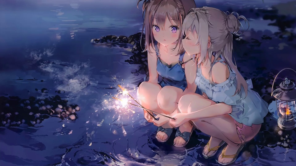 夜晚海边少女