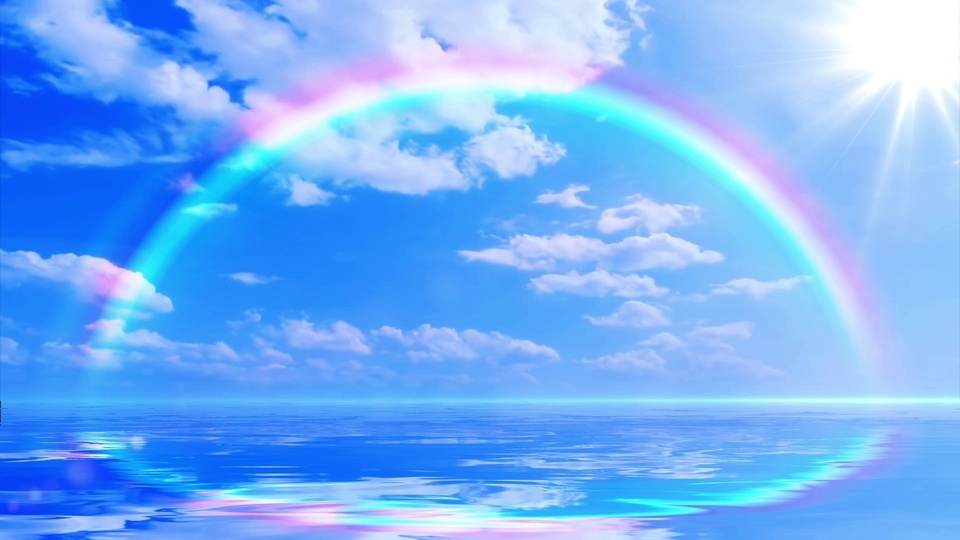 Blue sky white clouds rainbow