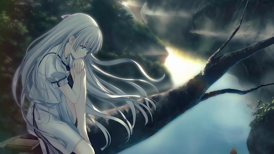 Silver-haired girl on a dead tree