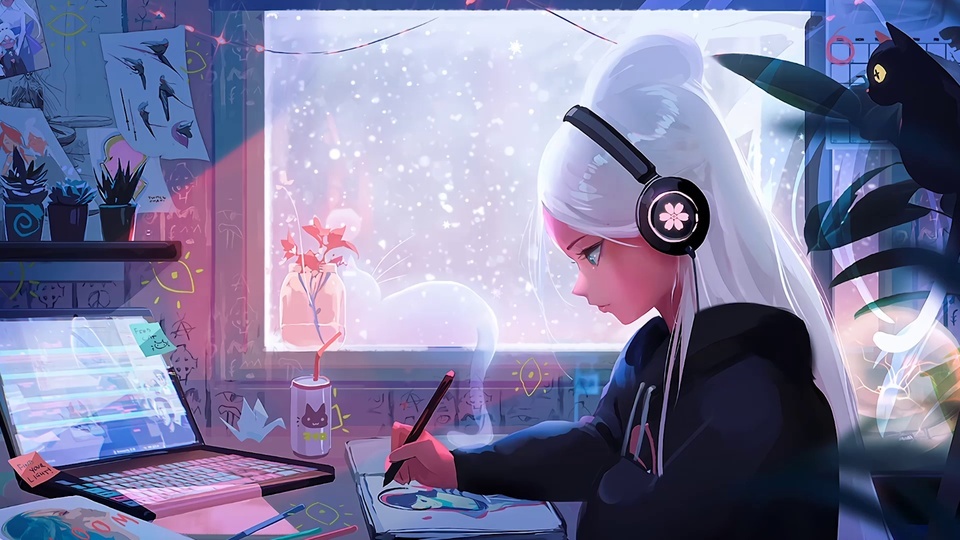 The girl studying in winter