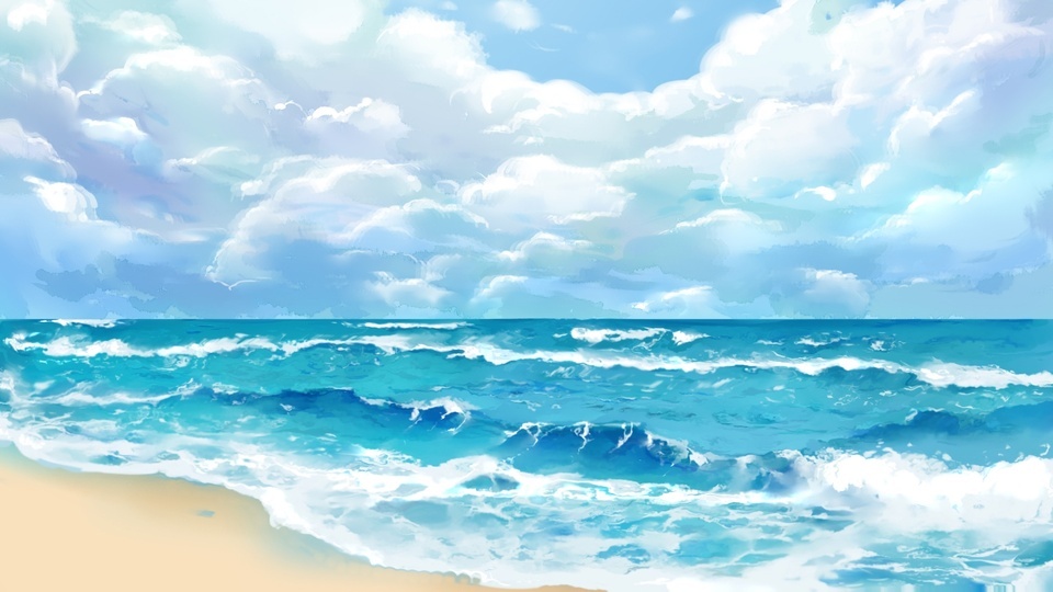 Beach, sea, waves, clouds