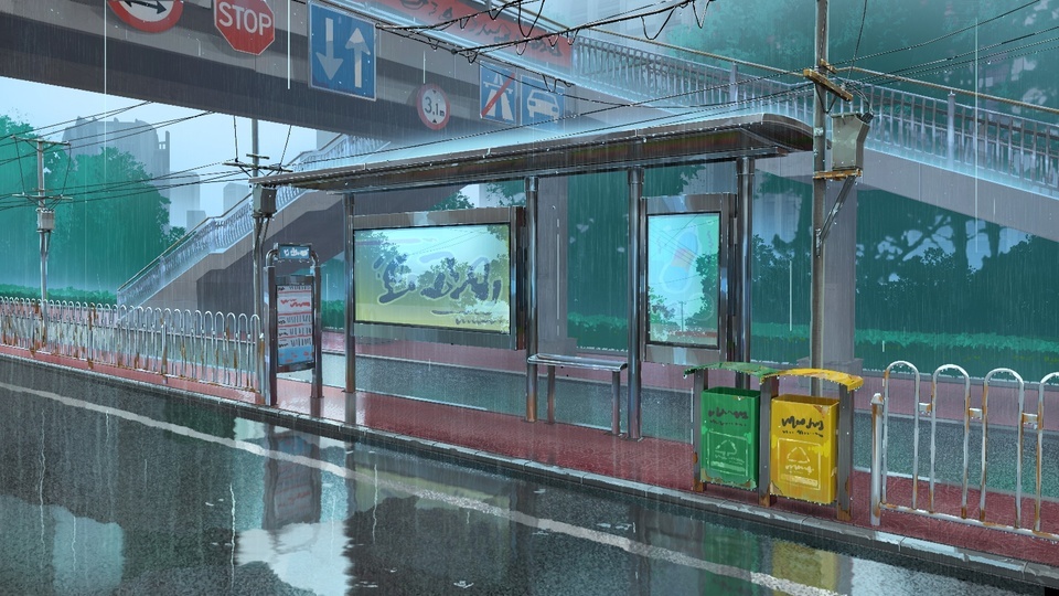 Bus station on a rainy day