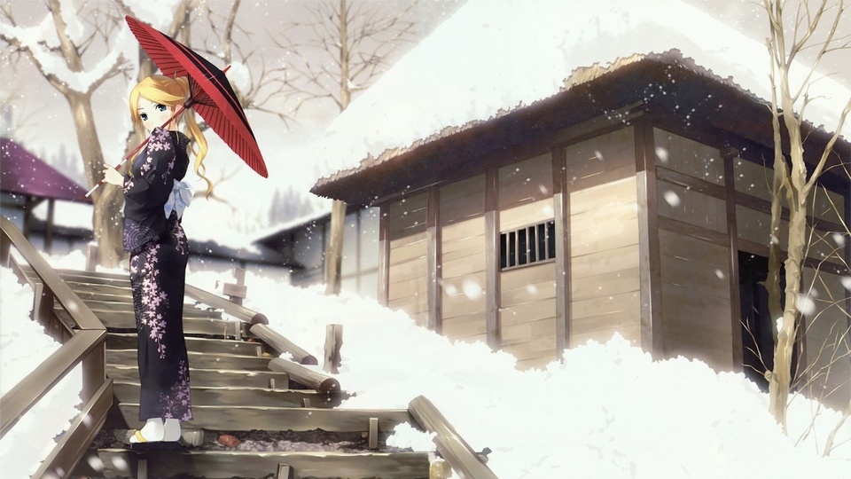 A girl in a kimono with an umbrella under the snow