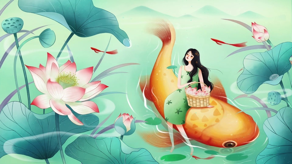 Summer Lotus Pond Koi Girl