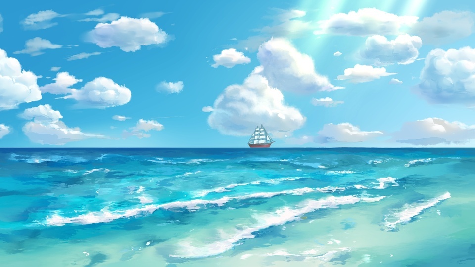 A sailboat sailing in the blue sea and blue sky