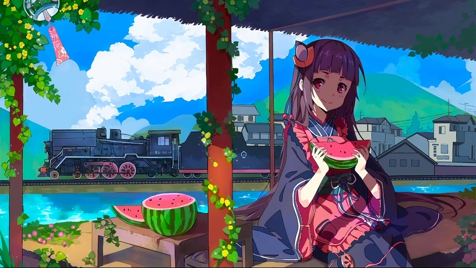 Summer pavilion, watermelon-eating girl