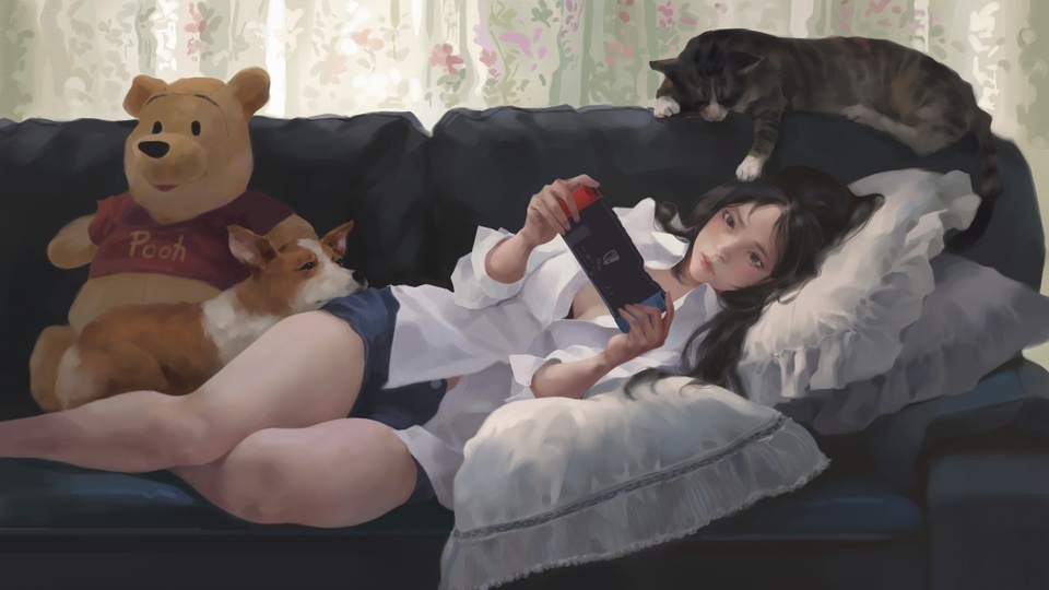 Girl, sofa, cat 